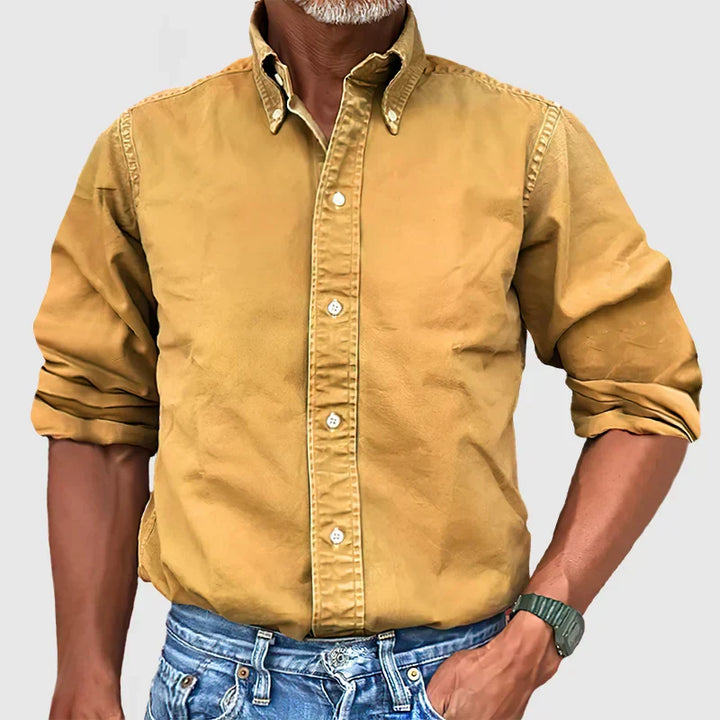 Levoire | Chemise Vintage Pour Hommes Avec Look Delave Et Manches Longues Jaune