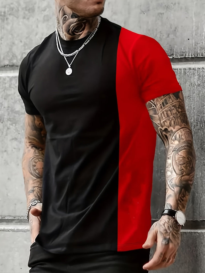 Levoire | T-Shirt Pour Hommes Avec Patchwork En Couleurs Contrastées Et Impression Noir rouge
