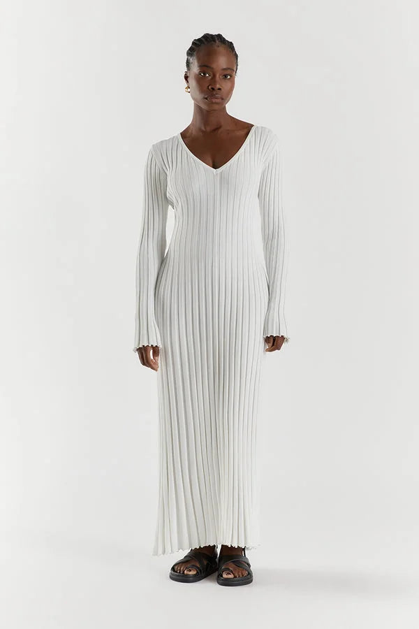 Levoire | Robe Midi Tricot Avec Décolleté En V Et Manches Blanc