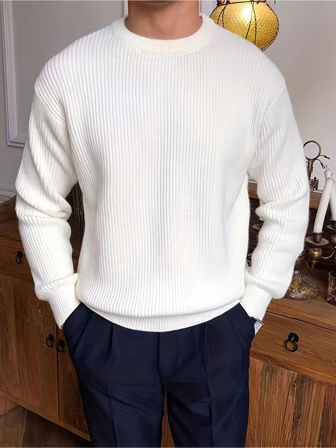Levoire | Sweat-Shirt Design À Col Rond En Tricot Câble Élégant Pour Hommes Blanc