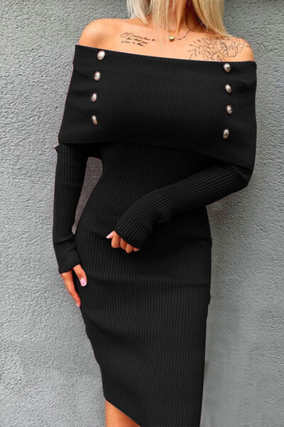 Levoire | Robe Longue À Épaules Dénudées Avec Boutons Décoratifs Noir
