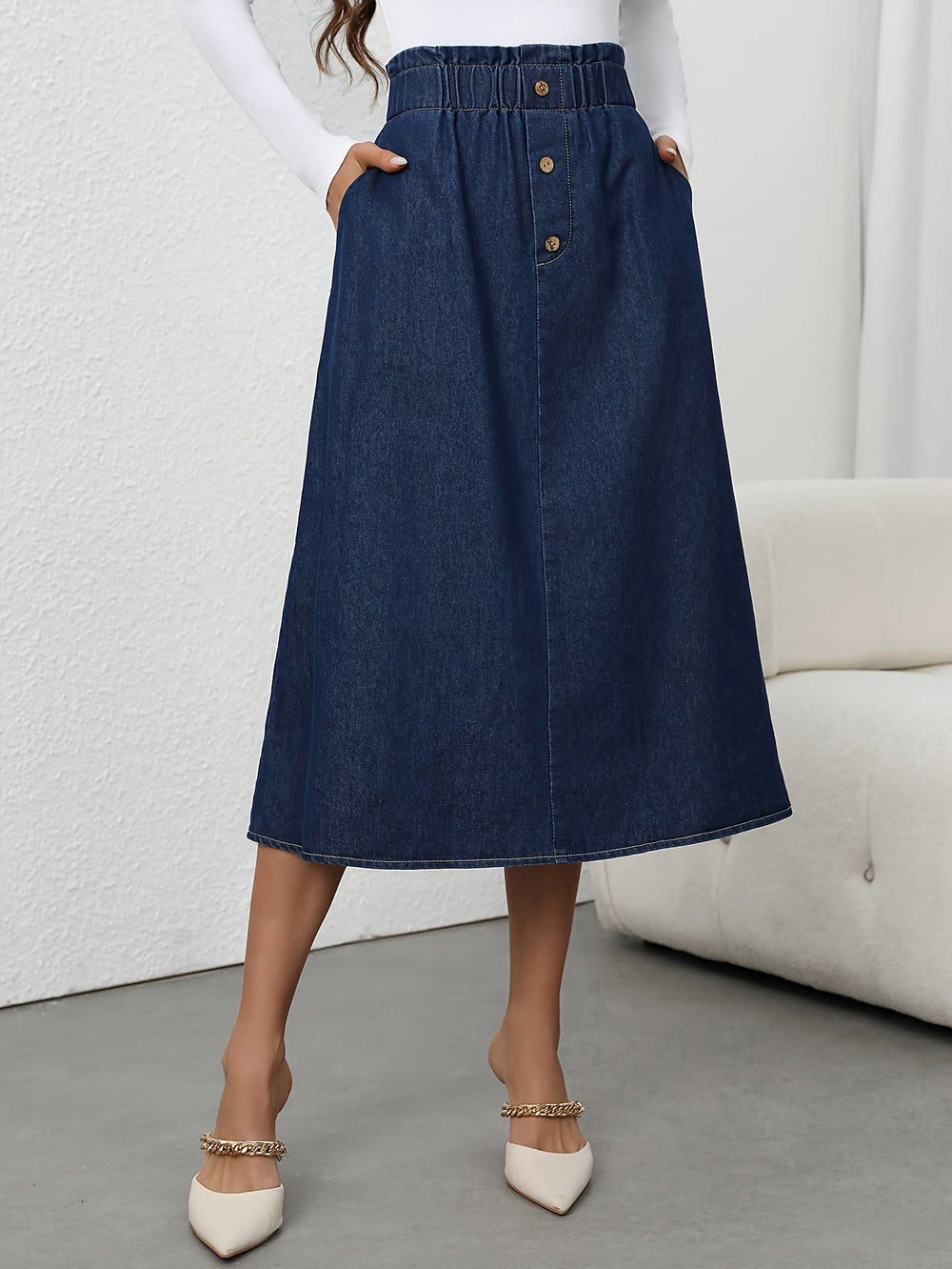 Levoire | Jupe Midi En Denim À Taille Haute Avec Fermeture À Boutons