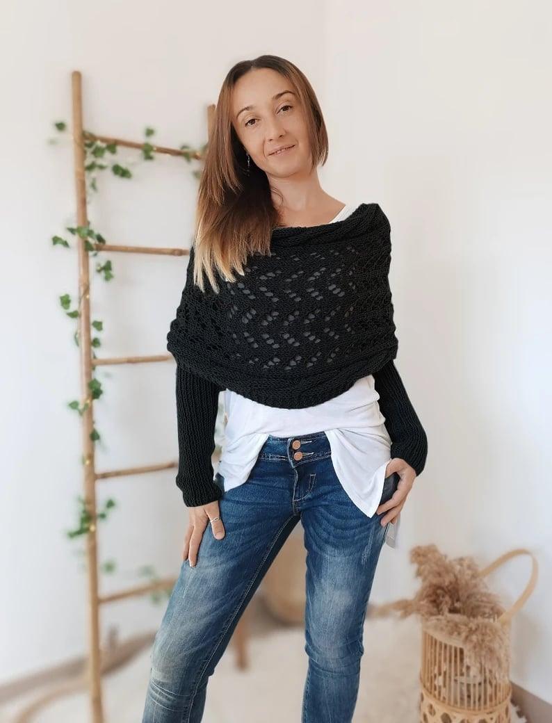 Levoire | Manteau En Tricot Chaud À Épaule Pour Femmes Noir