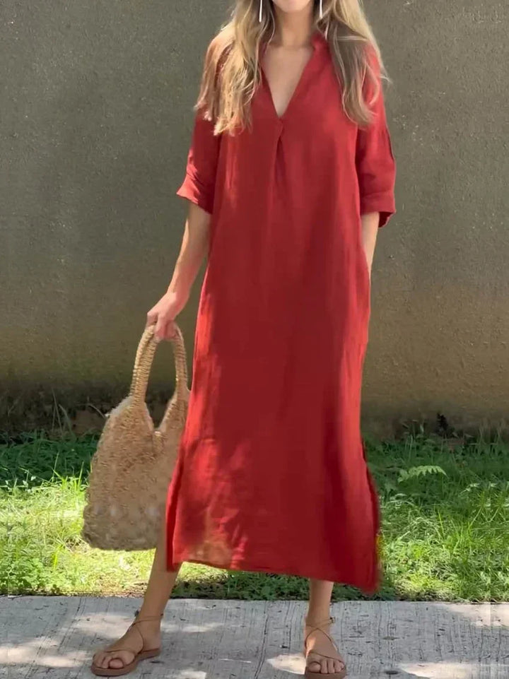 Levoire | Robe en lin à col en V de couleur unie pour femme, avec poche et col en V Rouge
