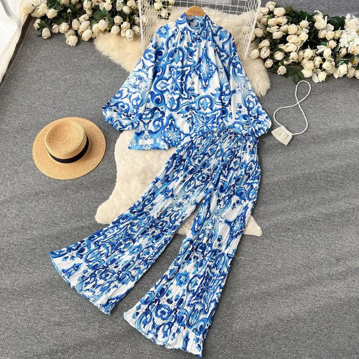 Levoire | Série de deux parties de pantalons larges et plissés pour femmes Bleu nuage Taille libre