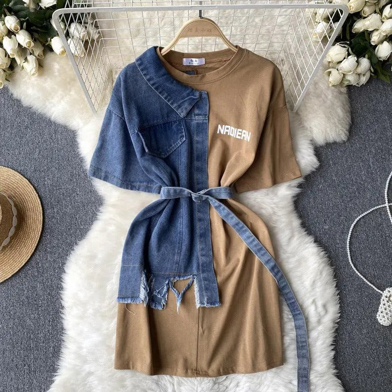 Levoire | Robe en denim patchwork à encolure ronde Café Une taille