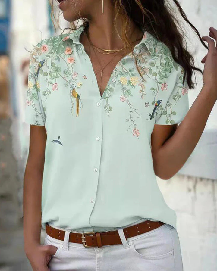 Levoire | Blouse Chic À Motif Floral Et Col Classique Bleu ciel