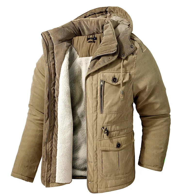 Levoire | Manches Longues Plusieurs Poches Feutre Capuche Parka Veste Khaki