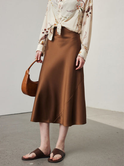 Jupe Mi-Longue Évasée en Mélange de Soie Caramel