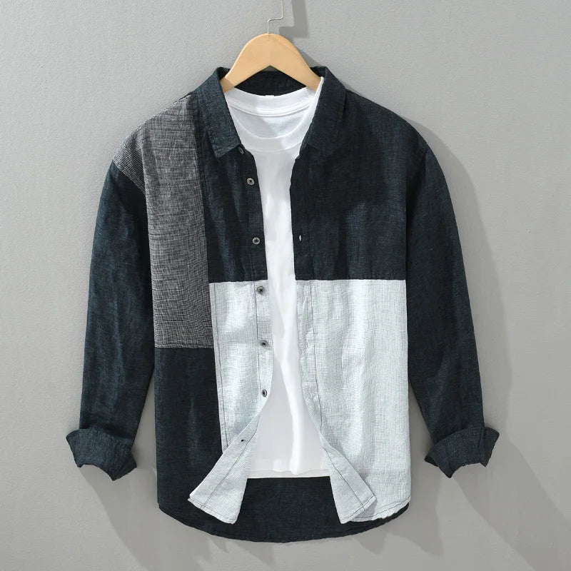 Levoire | Chemise En Lin Patchwork Elegant Hommes Bleu foncé