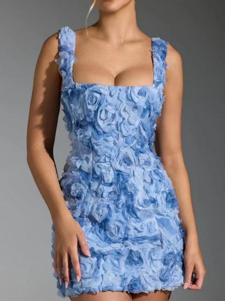 Levoire | Robe Mini À Motif Floral Soulignant La Silhouette Bleu (Presque Épuisé)