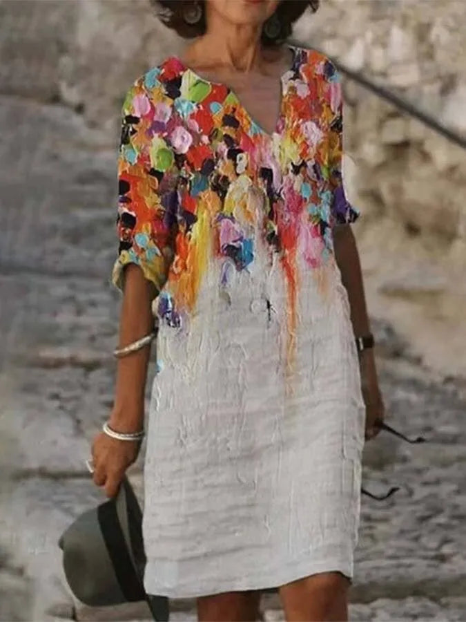 Levoire | Robe femme en coton et lin avec encolure et imprimé peinture à l'huile Multicolore