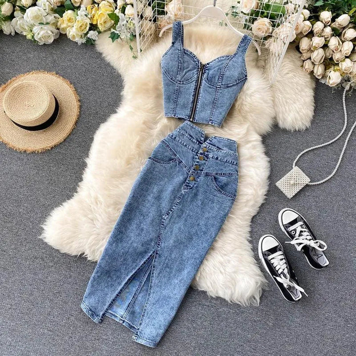 Levoire | Chemise et jupe en denim taille haute Bleu