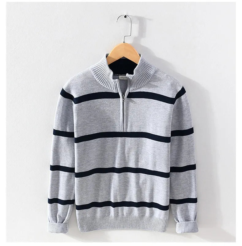 Levoire | Confortable Manches Longues Mi-Longue Zip Rayé Tricoté Gris clair