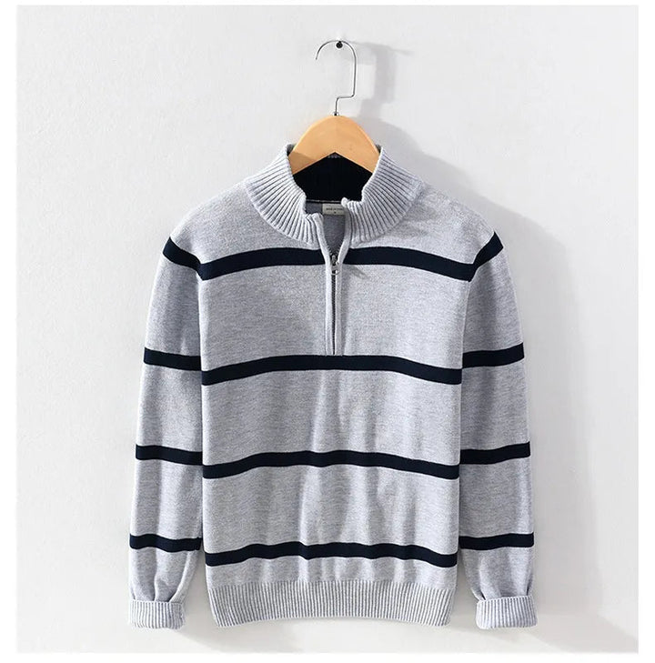 Levoire | Confortable Manches Longues Mi-Longue Zip Rayé Tricoté Gris clair