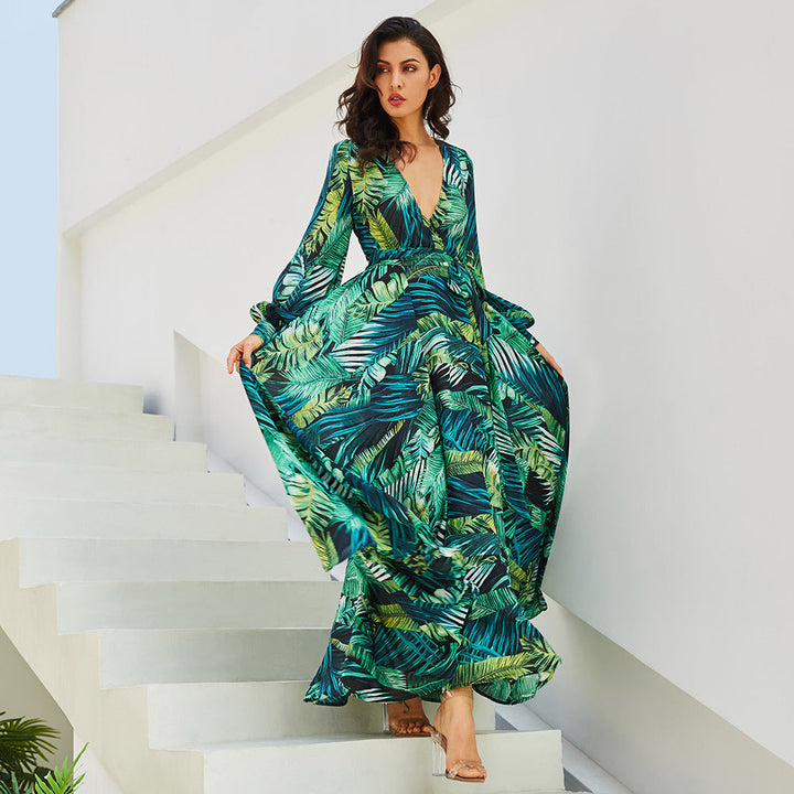 Levoire | Vivant Rouge Motif de Feuille Jupe Ample Vert