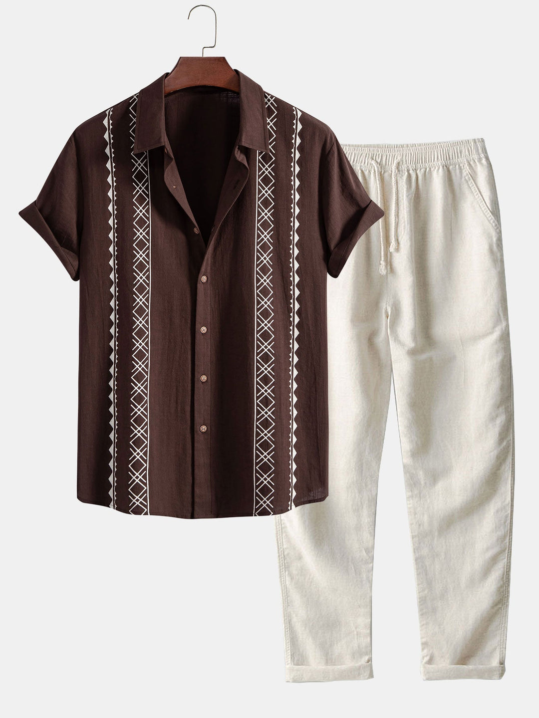 Levoire | T-Shirt Imprimé En Lin Couleur Pâle & Pantalons En Lin Coupe Droite Café - Épuisé