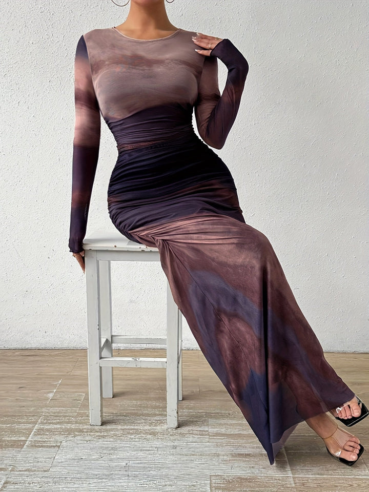 Levoire | Robe Avec Motif Batik Et Encolure Ronde, Élégante Robe Maxi Ajustée Avec Manches Longues Pour Le Printemps Et L'Automne, Vêtements Pour Femmes