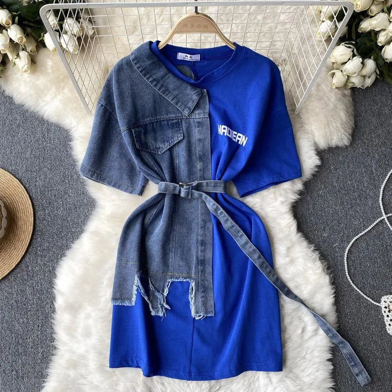 Levoire | Robe en denim patchwork à encolure ronde Bleu Une taille