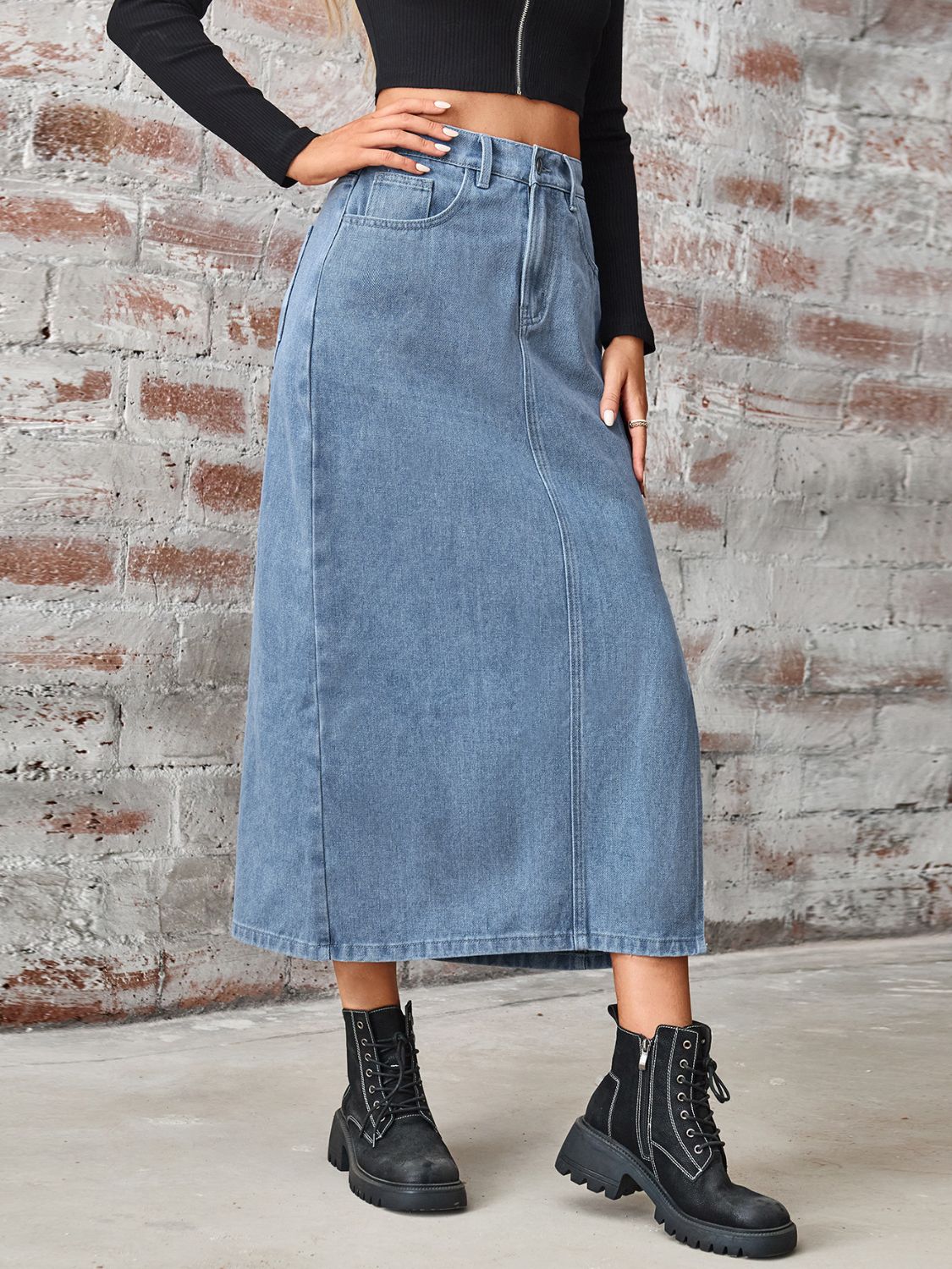 Levoire | Jupe En Denim Longue À Taille Haute Avec Fente Et Poches