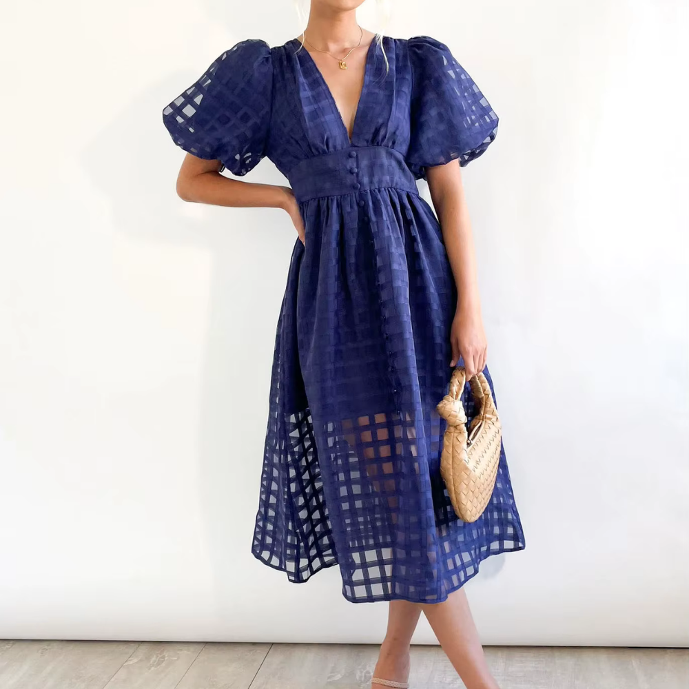 Levoire | Robe Longue En Tulle Avec Des Manches Bouffantes Bleu foncé