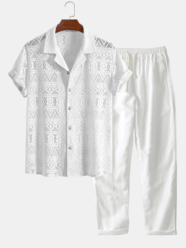 Levoire | Chemise Cubaine Texturée À Géométrie Des Manches & Pantalon En Lin À Jambes Droites blanc