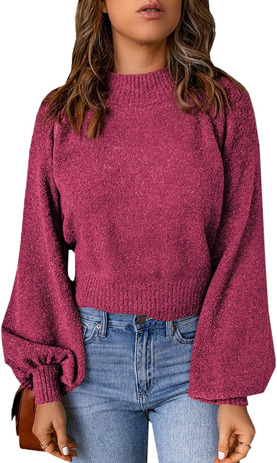 Levoire | Pull Décontracté Ajusté Avec Encolure Ronde, Manches En Lanternes Et Épaules Basses Rosa Rouge