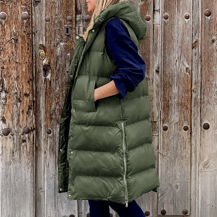 Levoire | Gilet Long Tendance Rembourré Pour Femmes Avec Capuche Pour Le Printemps Vert olive