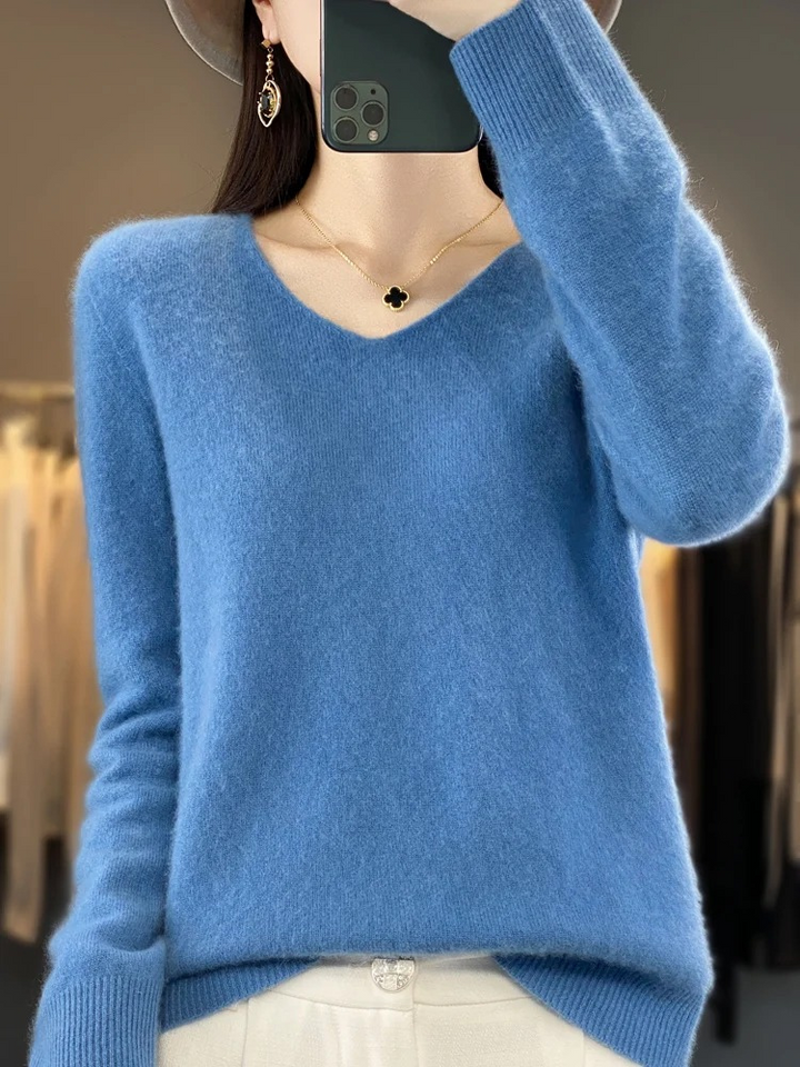 Levoire | Kashmir pull Femme Élégant Col en V, Doux & Confortable Bleu