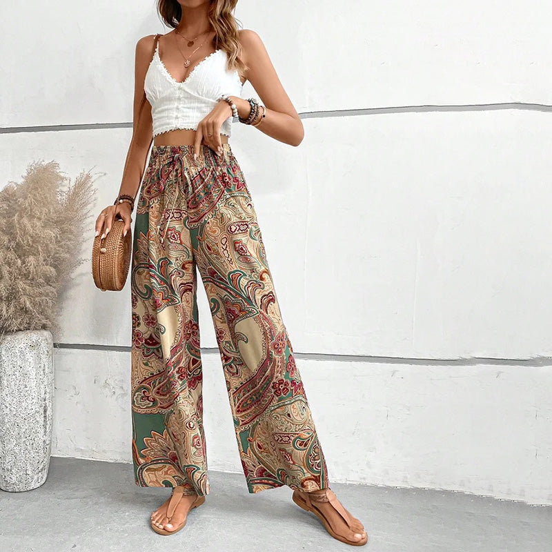 Levoire | Boho Pantalons D'Été Taille Haute Imprimées Khaki
