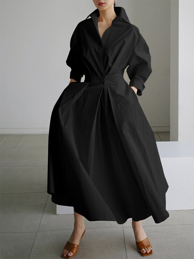 Levoire | Robe Maxi Femme Poche Unie Revers Boutons Manches Longues