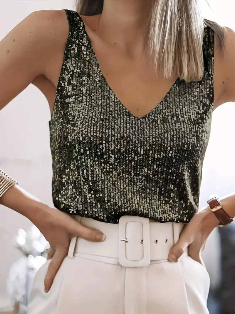 Levoire | Femmes Top à Paillettes Glitter Décolleté V Sans Manches Haut Pour Femmes Noir Or