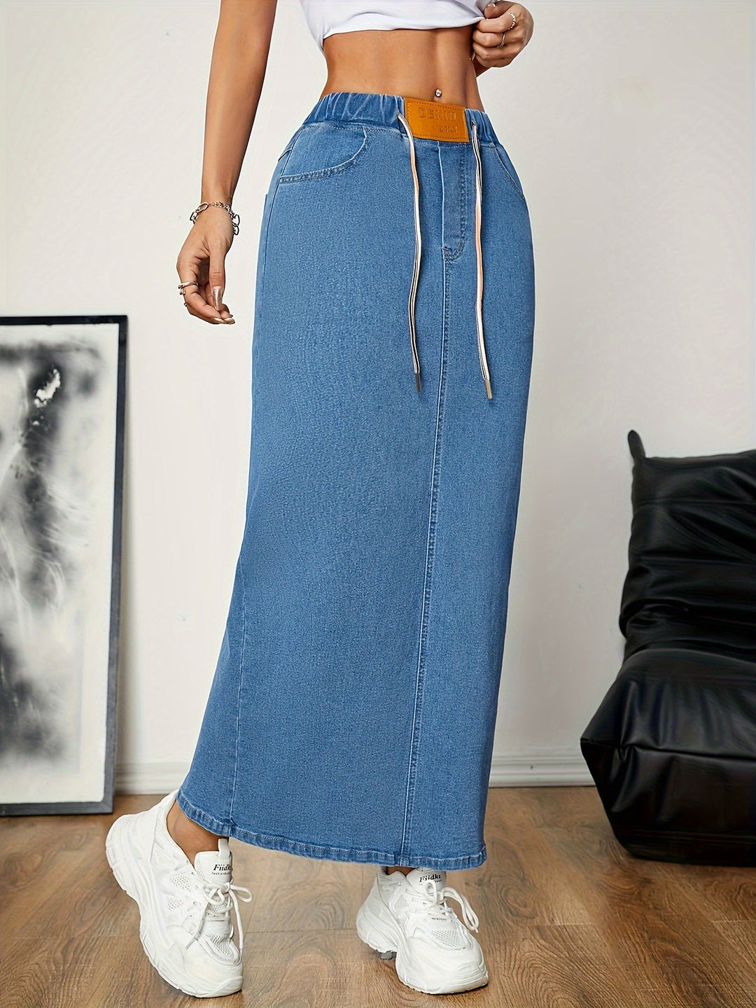 Levoire | Lavé Bleu Maxi Jean Jupe Avec Dos Fendu Et Ceinture À Nouer