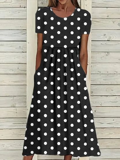 Levoire | Robe Courte À Manches Courtes, Légère, À Pois Avec Col Rond Noir
