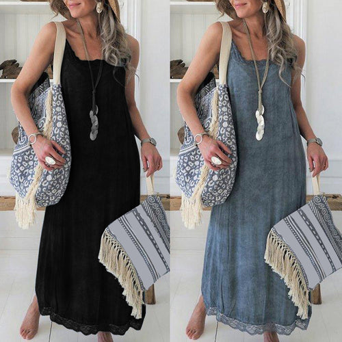 Robe maxi pour femmes avec de fines bretelles spaghetti et une élégante décoration en dentelle Levoire