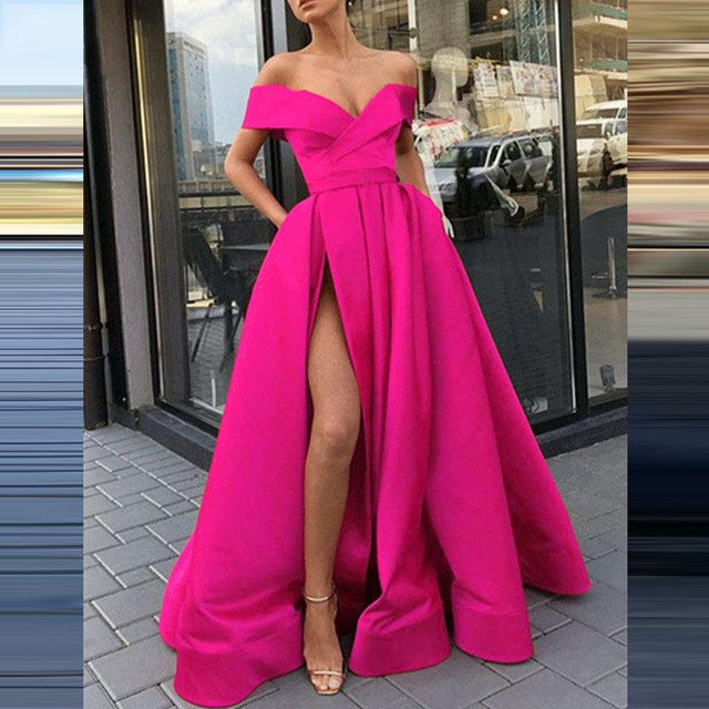 Levoire | Glamourueux Profond V décolleté Satin Multicolore Robe Fuchsia