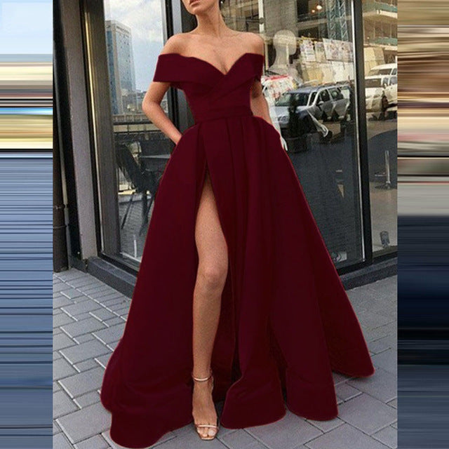 Levoire | Glamourueux Profond V décolleté Satin Multicolore Robe Bordeaux