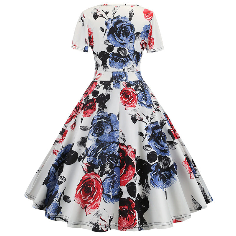Robe évasée pour femmes avec motif floral et décolleté en V profond Levoire
