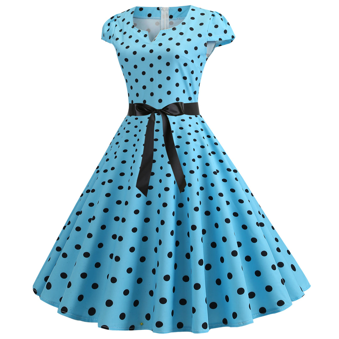 Robe Swing Vintage Femme avec Design à Pois et Ceinture de Taille Levoire