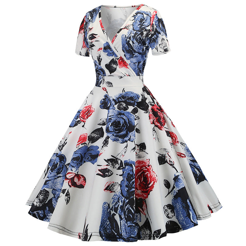 Robe évasée pour femmes avec motif floral et décolleté en V profond Levoire