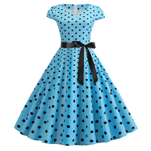 Robe Swing Vintage Femme avec Design à Pois et Ceinture de Taille Levoire