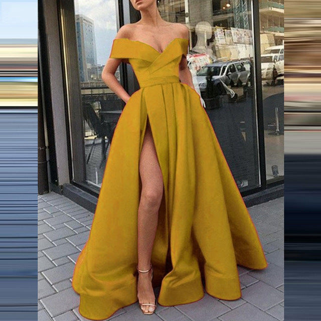 Levoire | Glamourueux Profond V décolleté Satin Multicolore Robe Curcuma