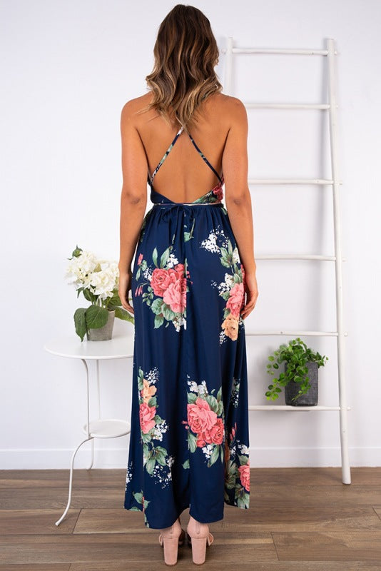 Robe maxi femme avec motif floral ludique et élégant col en V Levoire