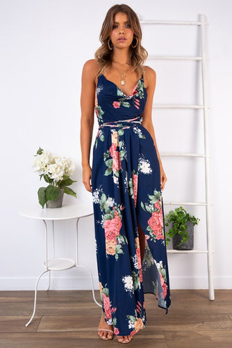 Robe maxi femme avec motif floral ludique et élégant col en V Levoire