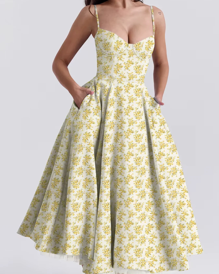 Levoire | Robe d'été aérienne avec détail de corsage Gelbblümt