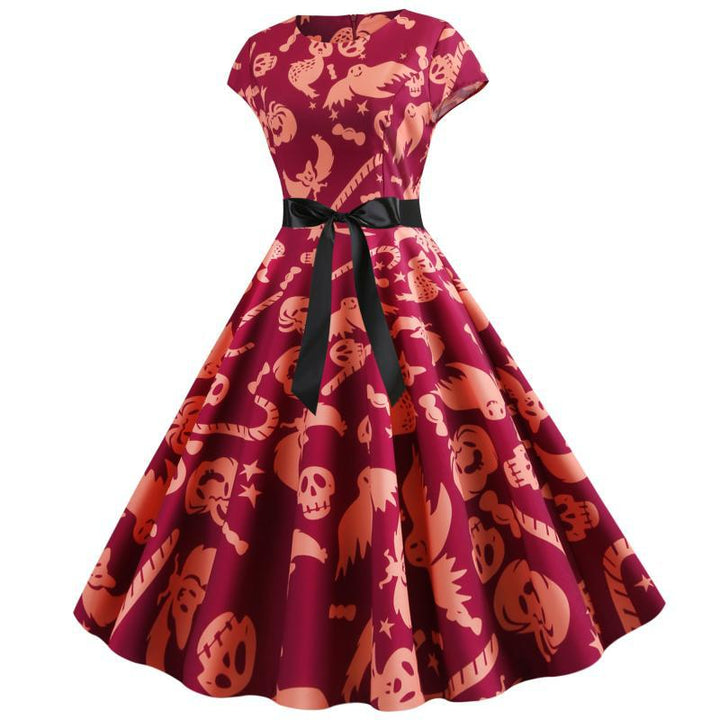 Robe swing rétro pour femme avec motif Halloween unique et ceinture à la taille Levoire