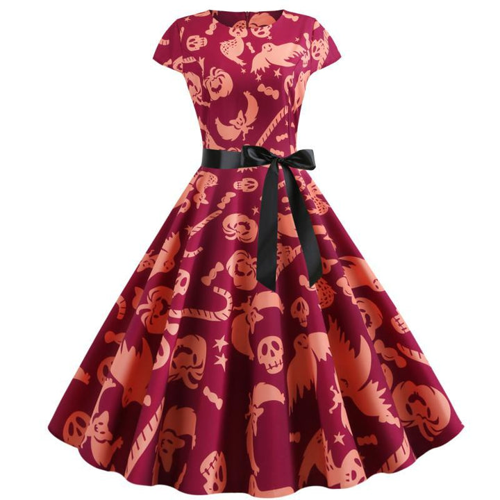 Robe swing rétro pour femme avec motif Halloween unique et ceinture à la taille Levoire