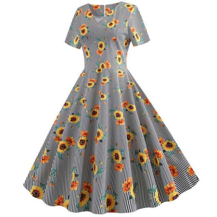 Robe swing rétro pour femmes avec motif floral de tournesols et coupe ajustée Levoire