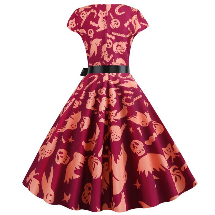 Robe swing rétro pour femme avec motif Halloween unique et ceinture à la taille Levoire