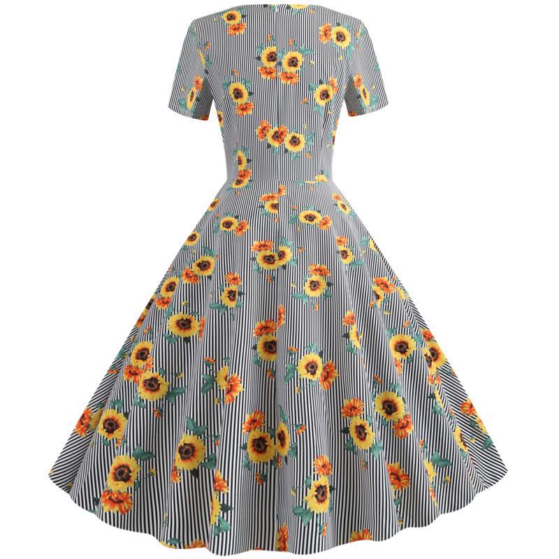 Robe swing rétro pour femmes avec motif floral de tournesols et coupe ajustée Levoire